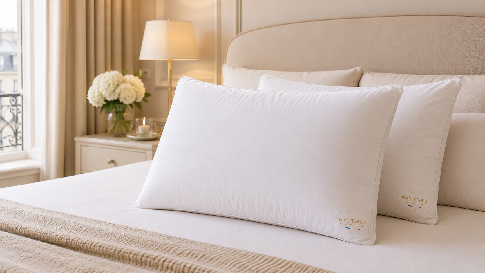 Oreiller Moelleux FRANCE DODO installé dans une chambre premium