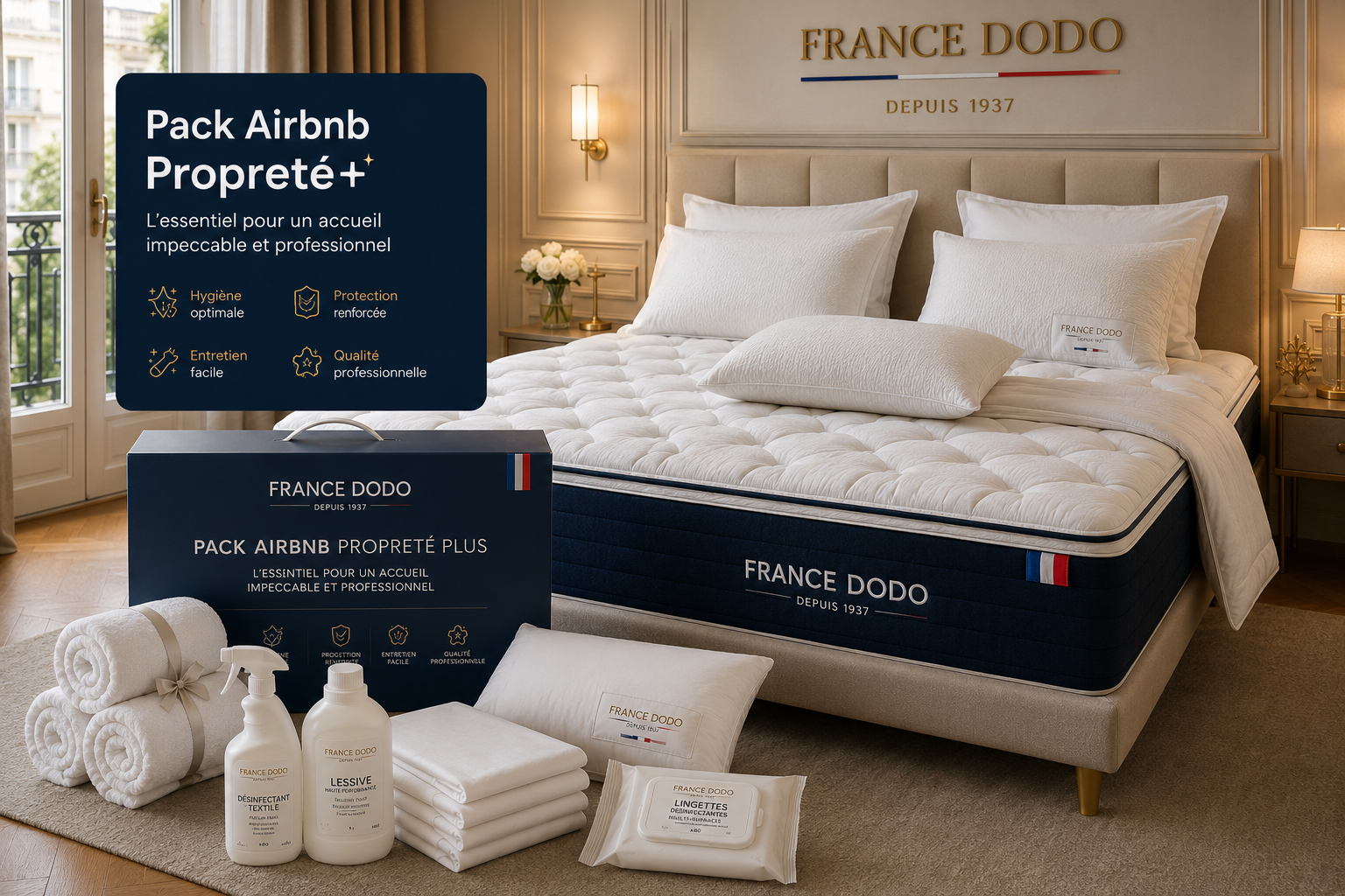 Pack Airbnb Proprete+ FRANCE DODO panneau benefices et literie